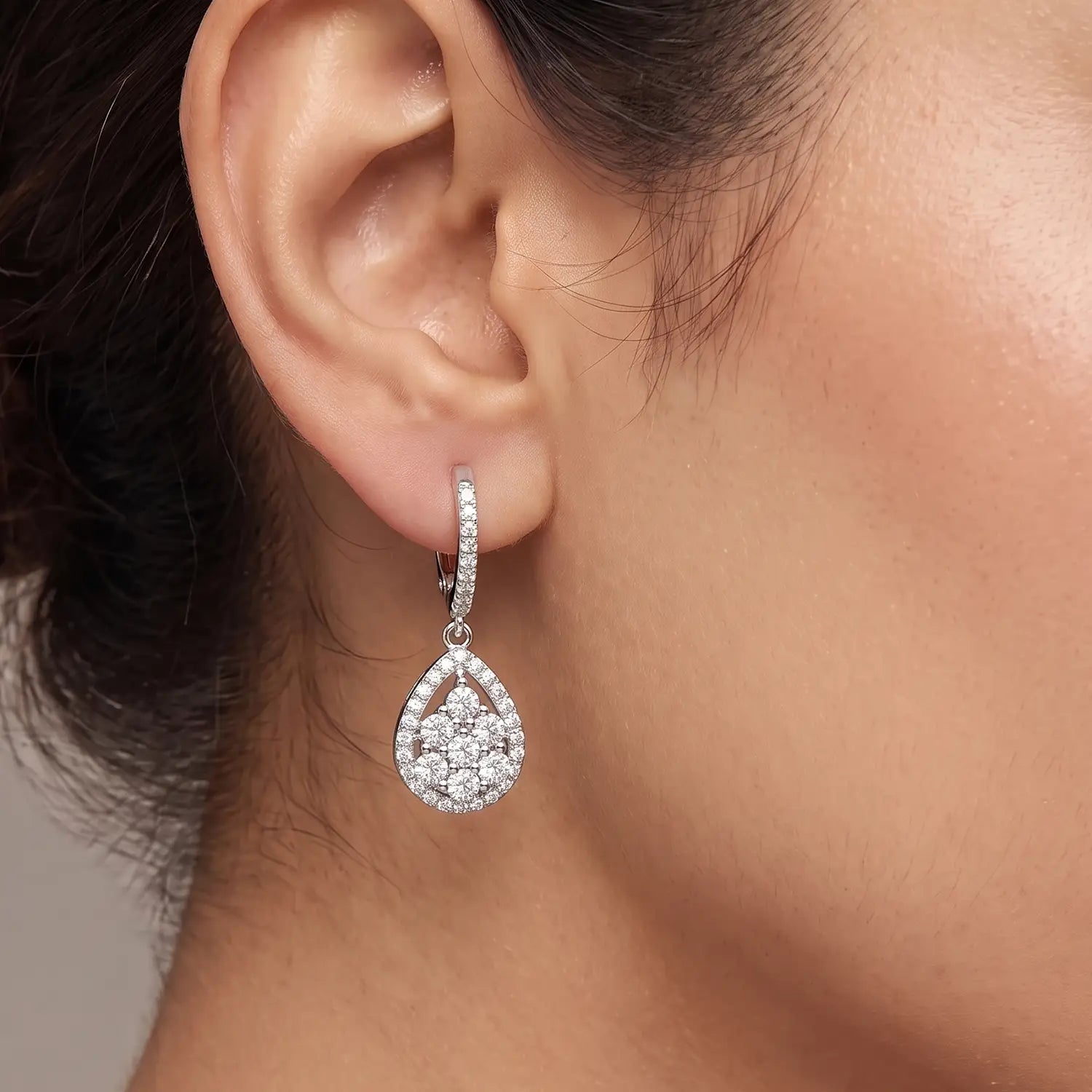 Elegant Teardrop Floral Hoop Silver Earrings - Made With Pure 925 Silver