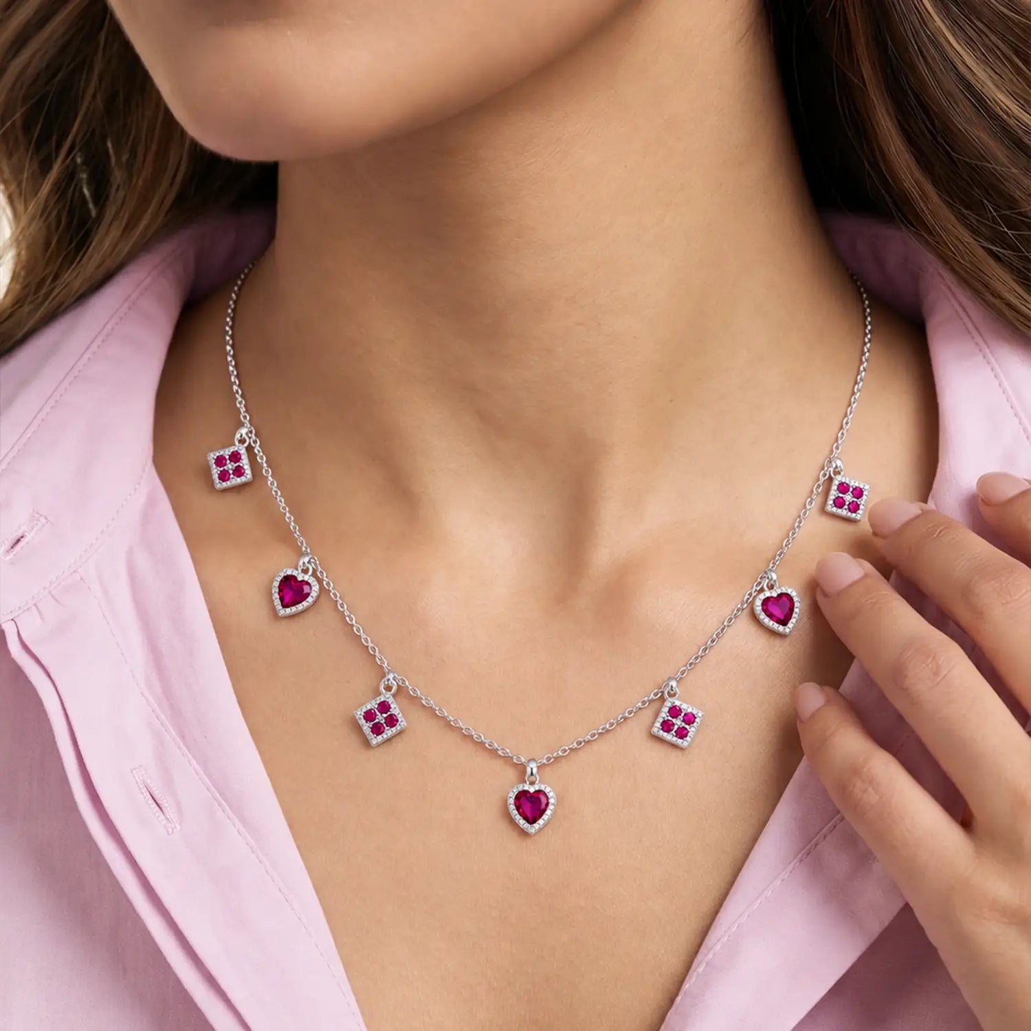 Pink Heart & Square Charm Chain - Made With Pure 925 Silver