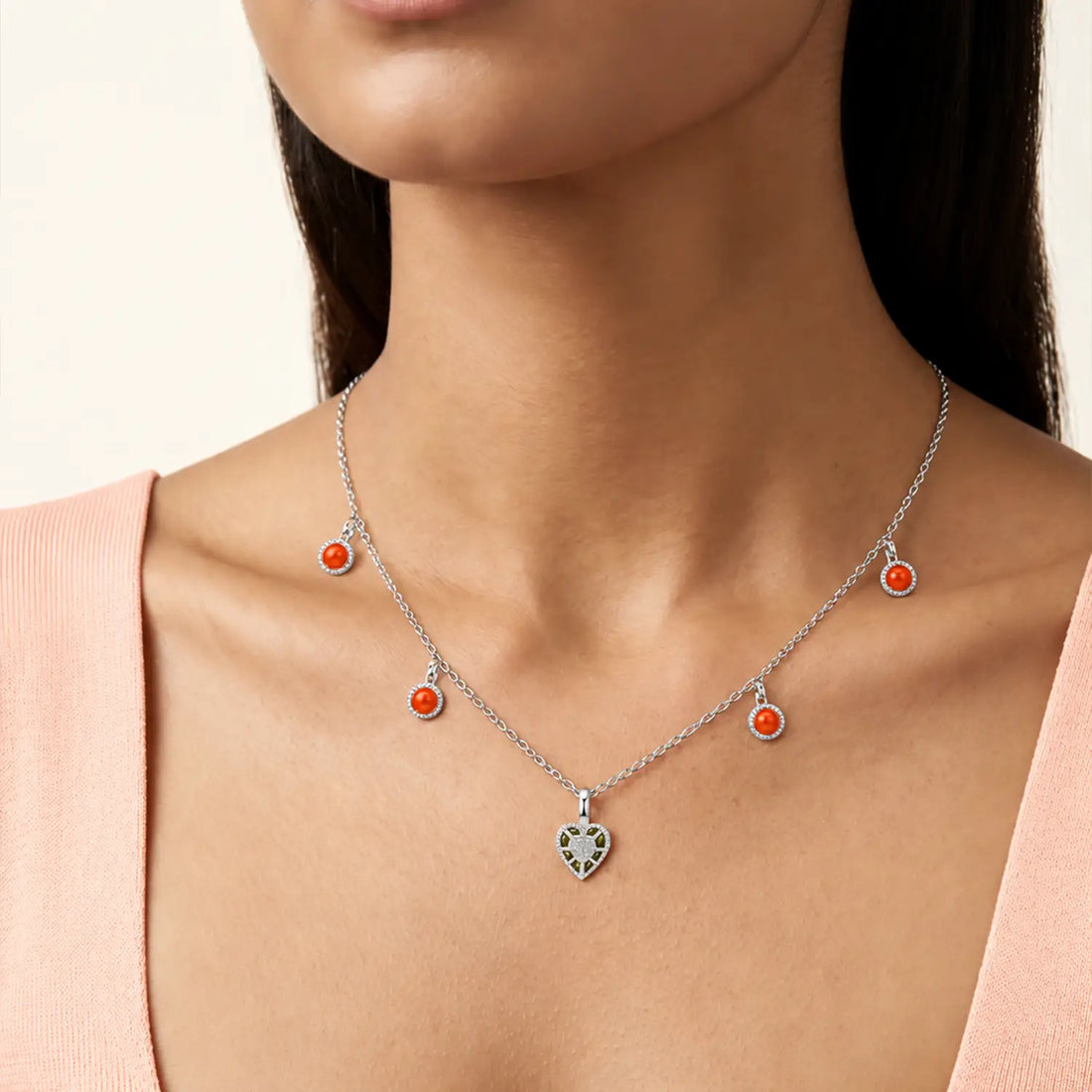 Orange Bead Heart Charm Chain - Made With Pure 925 Silver