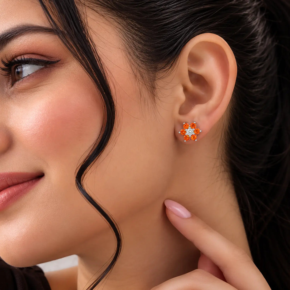 Black Floral Gemstone Silver Stud Earrings - Made With Pure 925 Silver