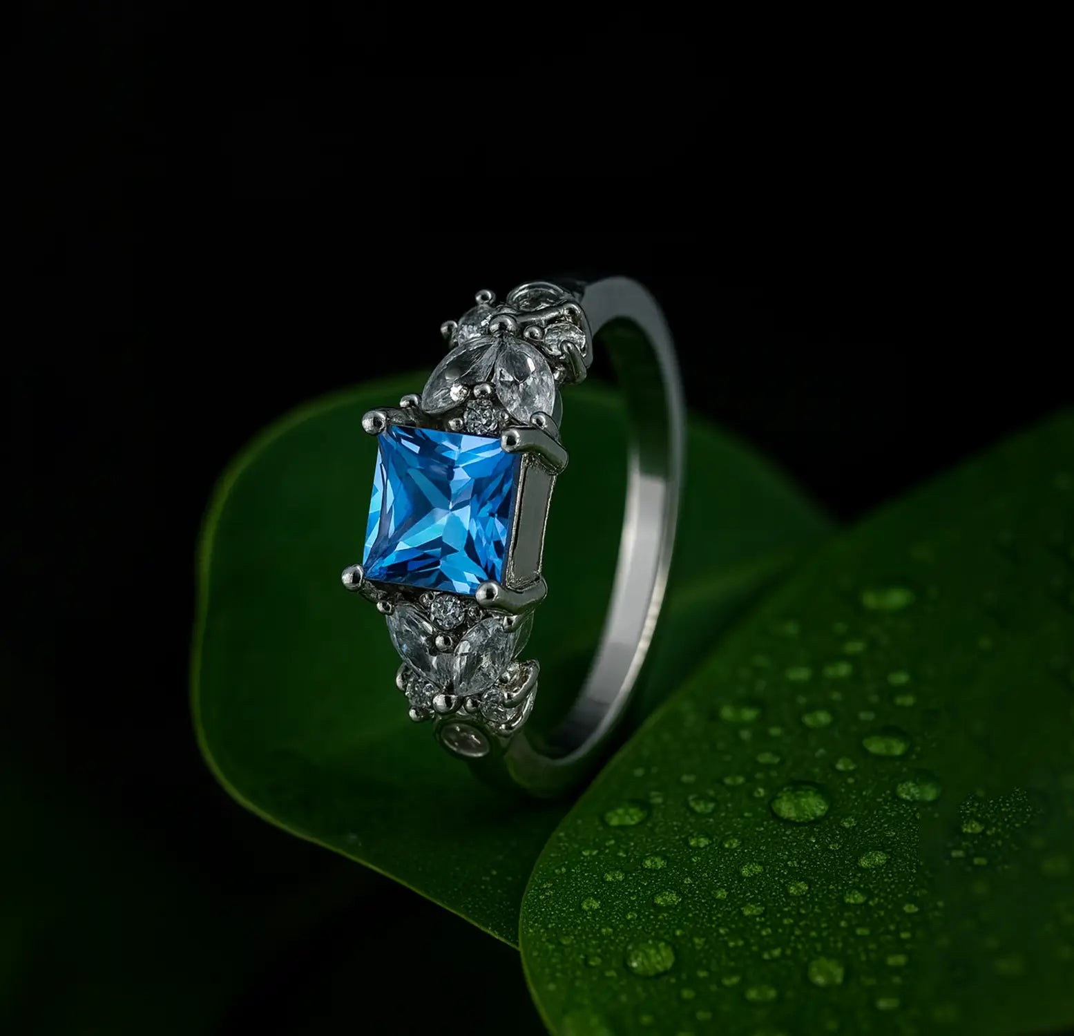 Blue Princess-Cut Stone Silver Ring - Made With Pure 925 Silver