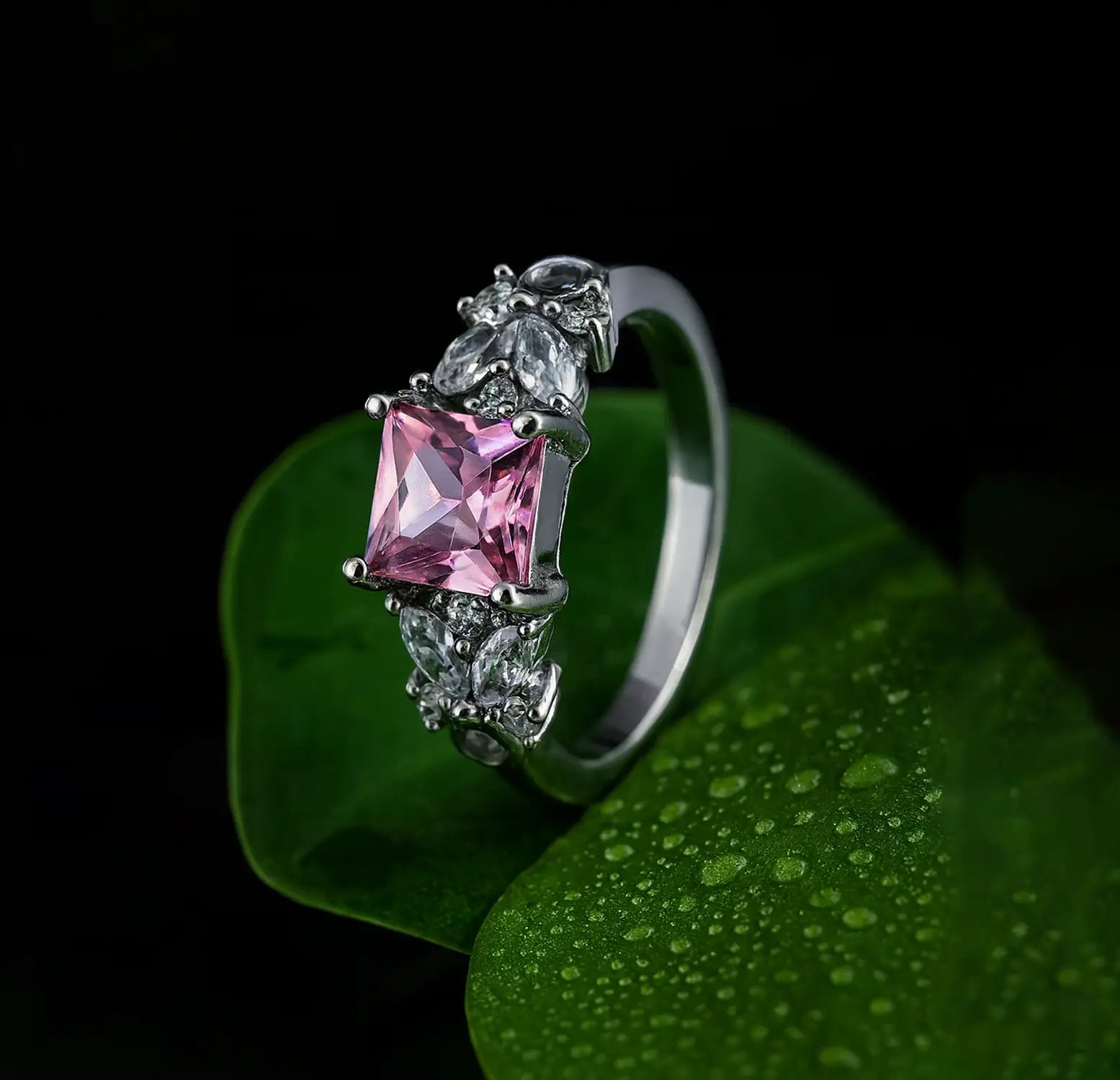 Pink Princess-Cut Stone Silver Ring - Made With 925 Pure Silver