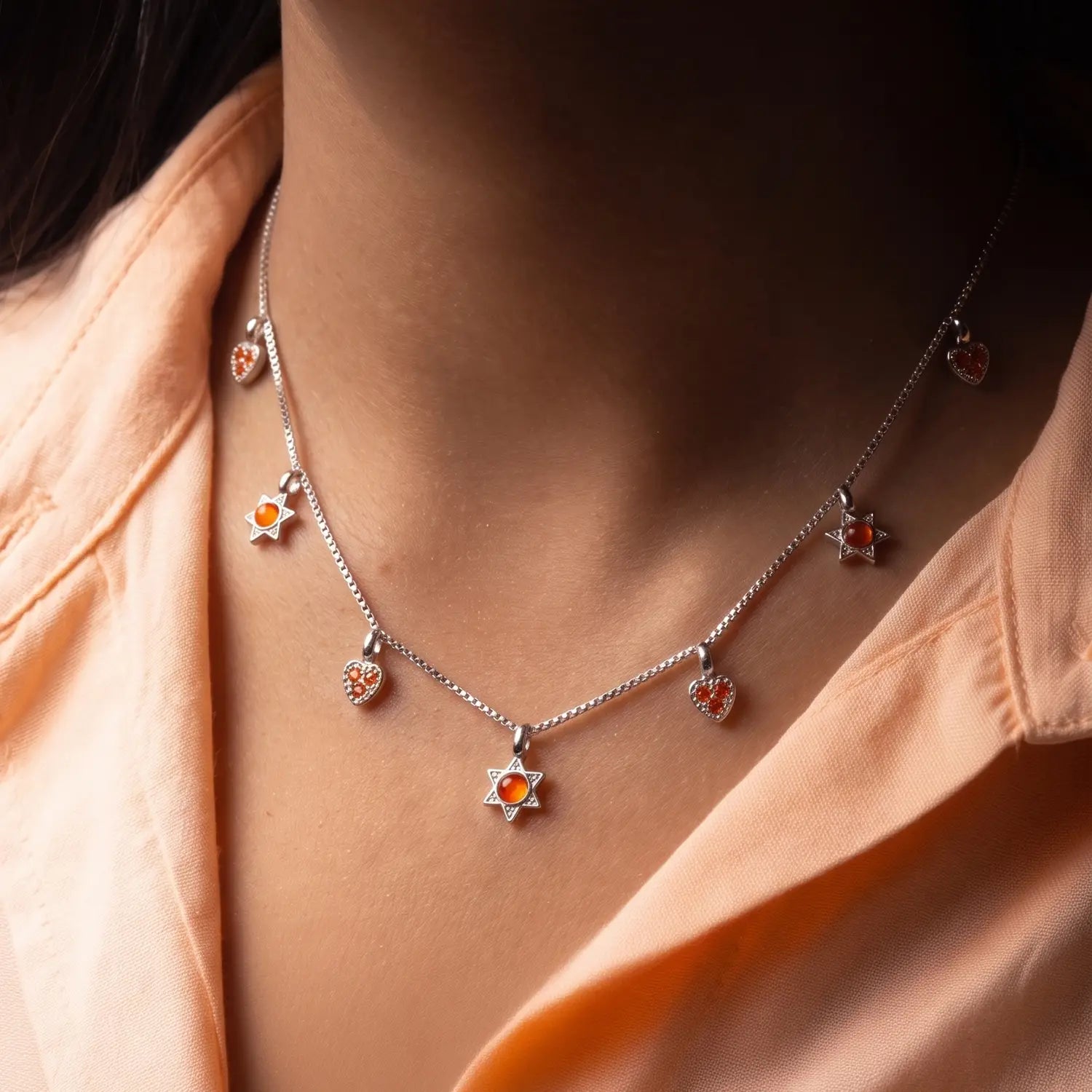 Orange Heart & Star Charm Chain - Made With Pure 925 Silver