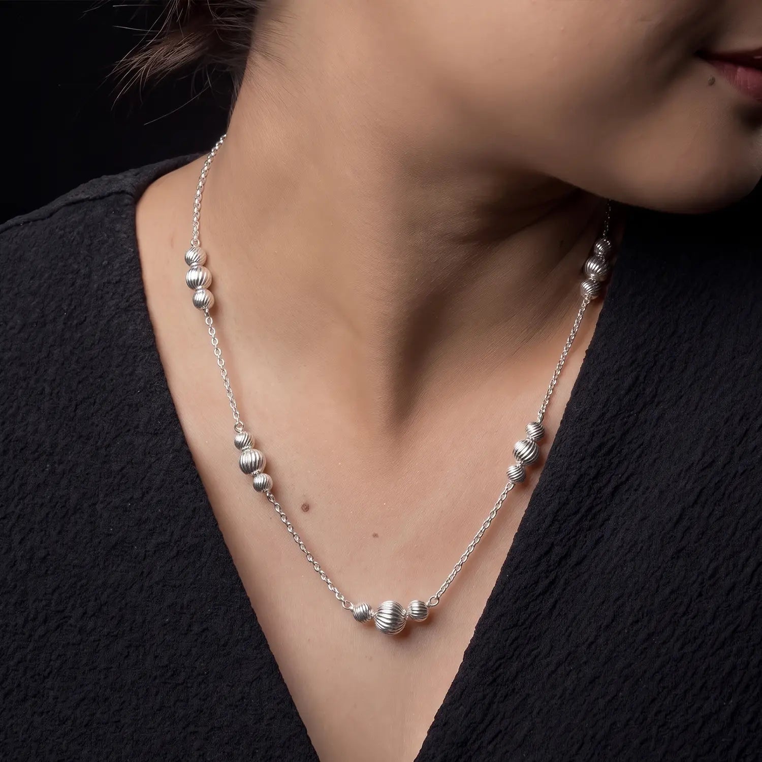 Elegant Textured Bead Silver Chain - Made With Pure 925 Silver