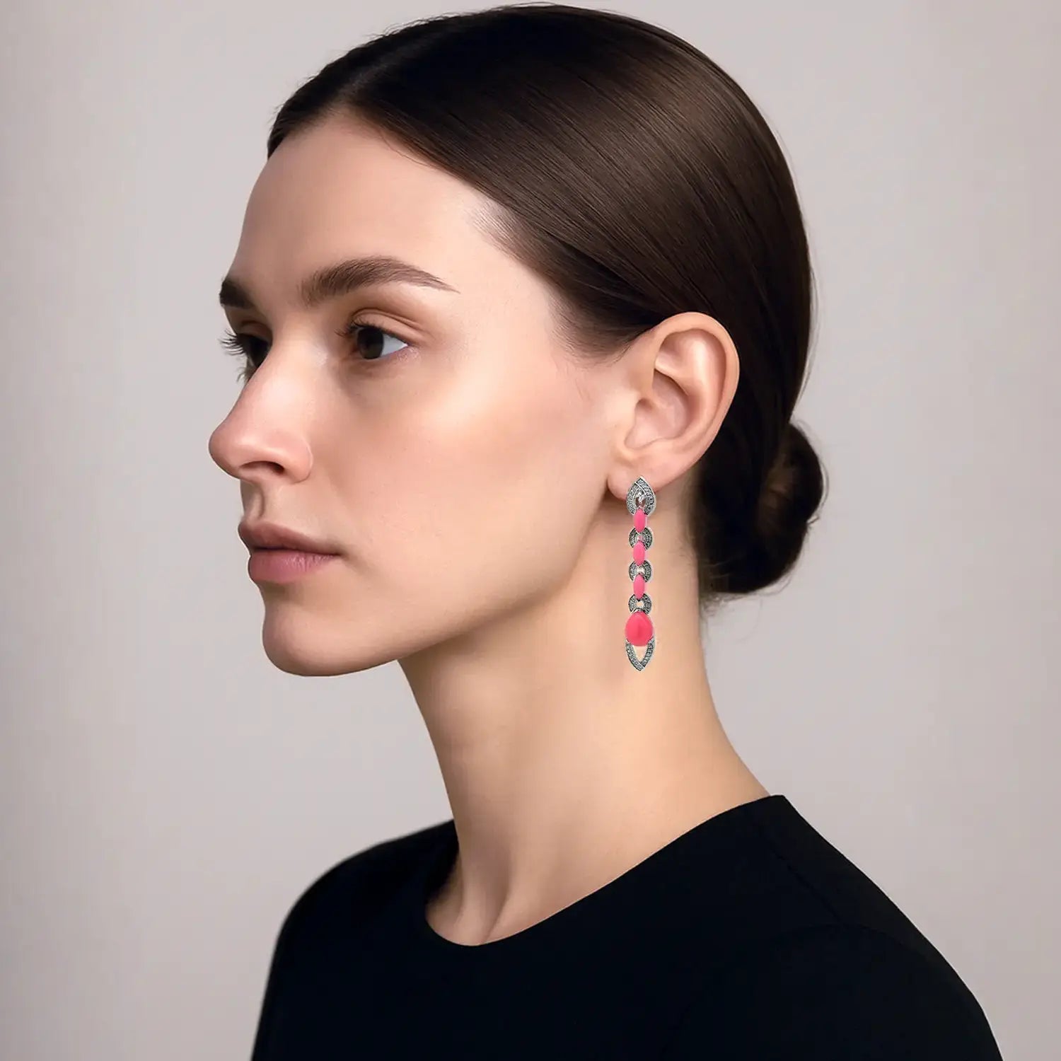 Elegant Pink Stone Silver Drop Earrings- Made With Pure 925 Silver