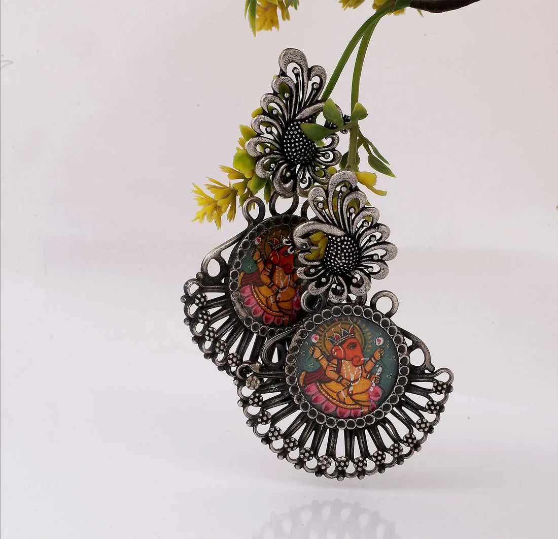 Silver Ganesha Art Mirror Work Earring