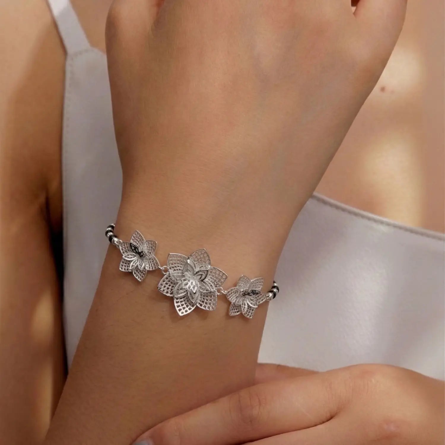 Elegant Floral Pure Silver Bracelet - Made With Pure 925 Silver