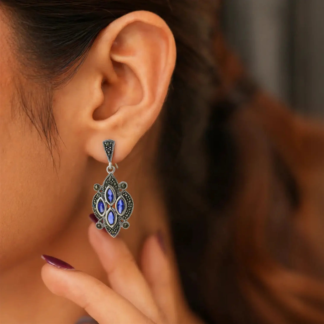 Royal Blue Marquise Oxidized Silver Drop Earrings- Made With Pure 925 Silver