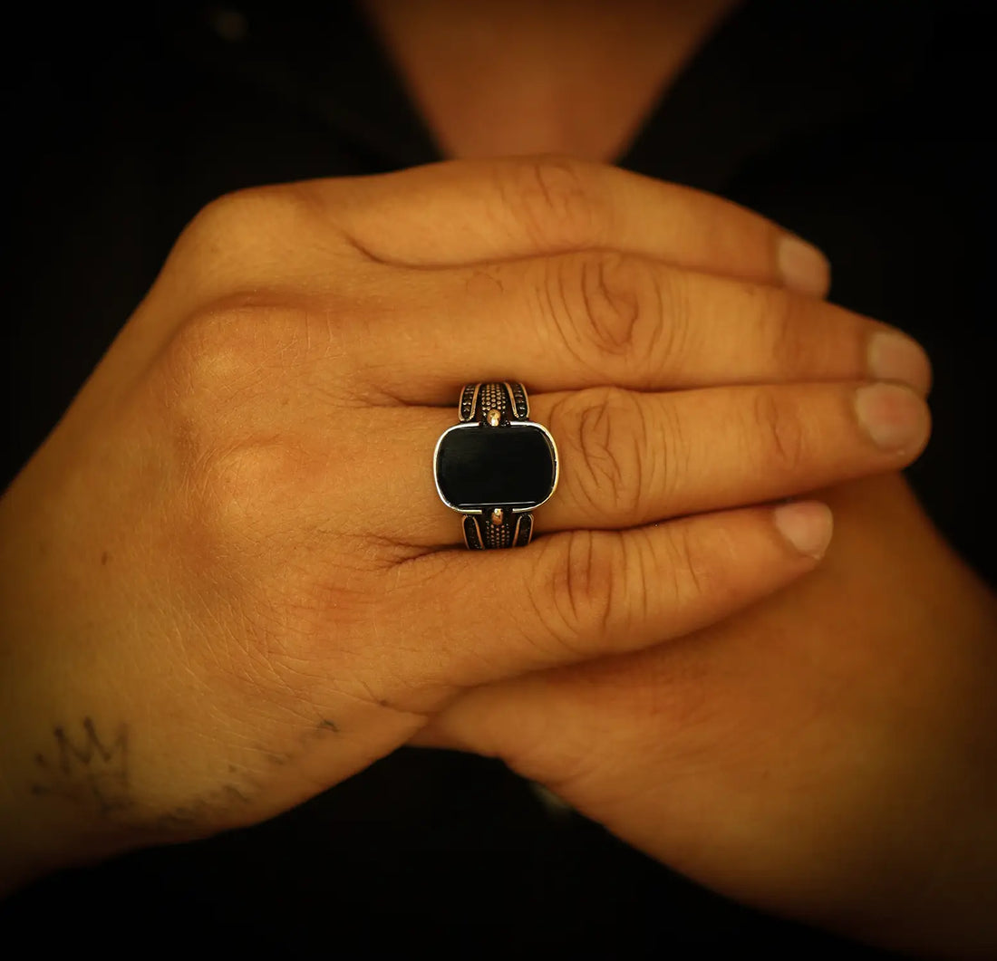 Pure Silver Black Onyx Rectangular Ring - Made With Pure 925 Silver