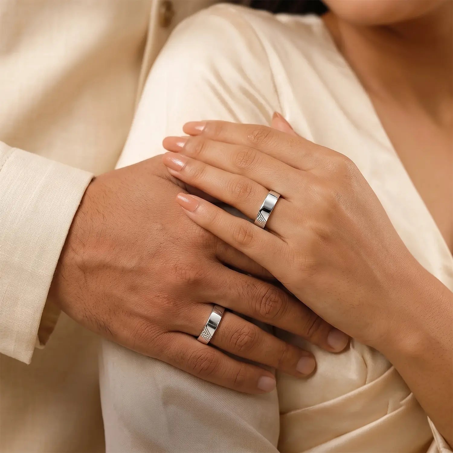 Elegant Greek Accent Couple Band Rings - Made With Pure 925 Silver