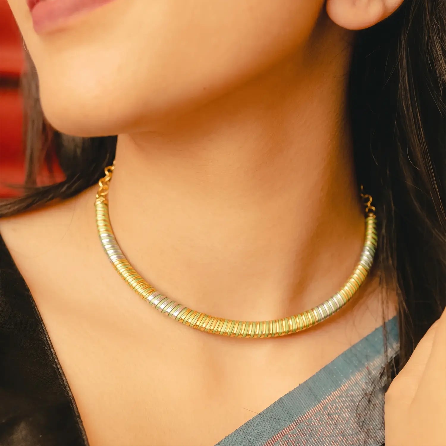 Elegant Green & Gold Spiral Design Silver Necklace - Made With Pure 925 Silver