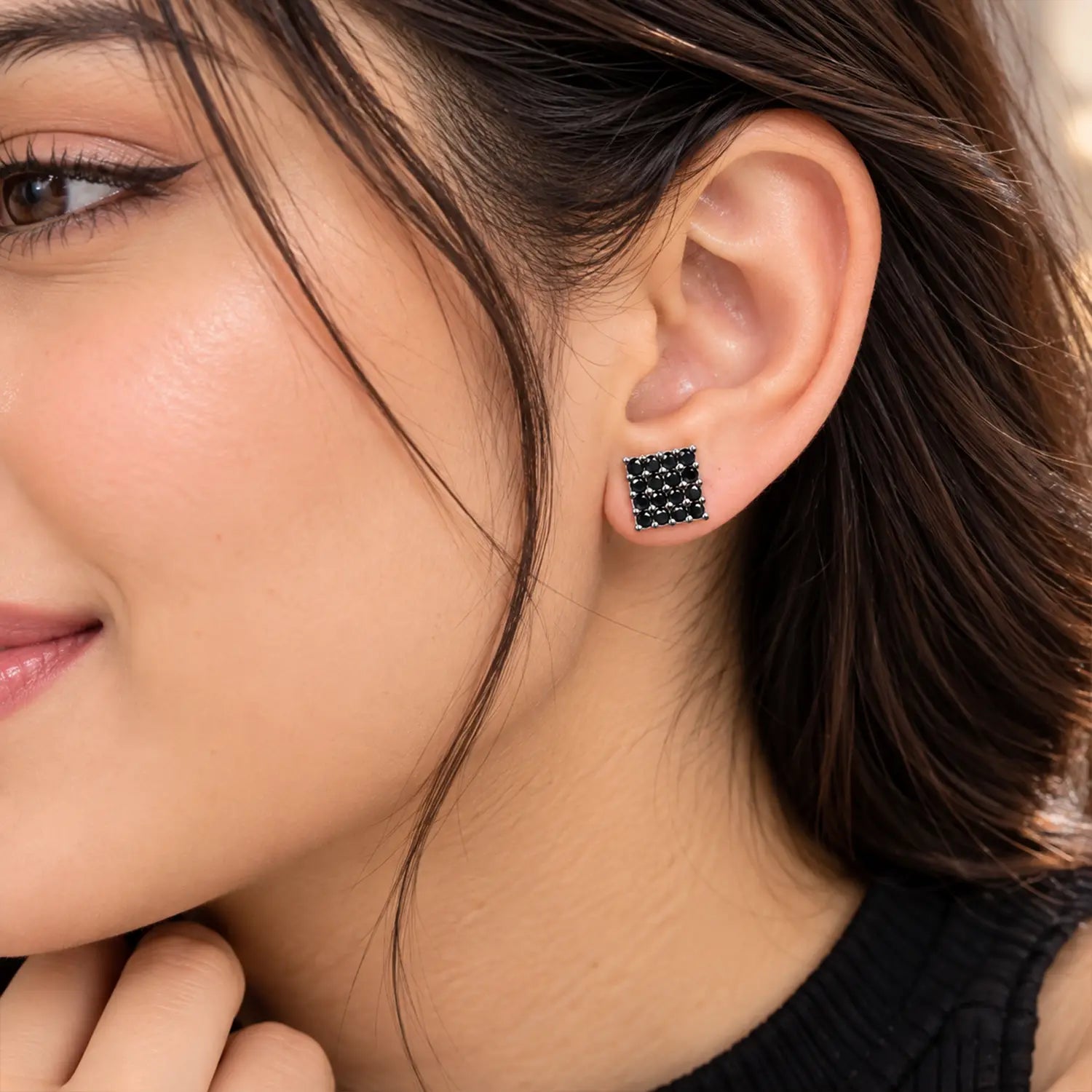 Black Stone Square Silver Stud Earrings - Made With Pure 925 Silver