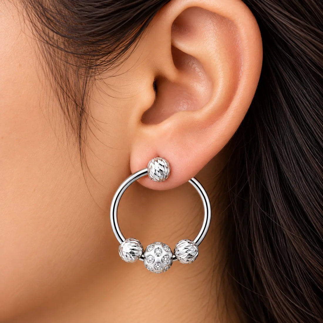 Ornate Beaded Circle Silver Hoop Earrings - Made With Pure 925 Silver