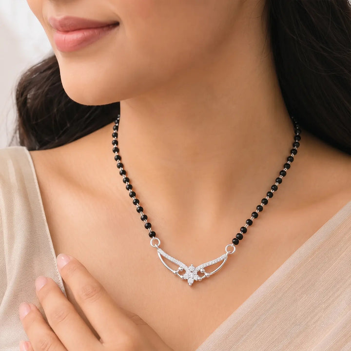Elegant Floral Curve Black Bead Mangalsutra - Made With Pure 925 Silver
