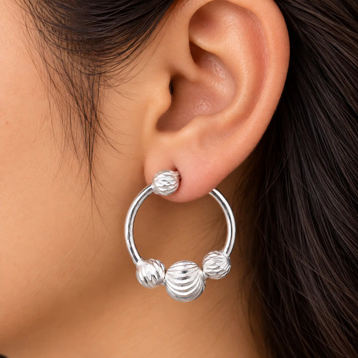 Ribbed Bead Circle Silver Hoop Earrings - Made With Pure 925 Silver