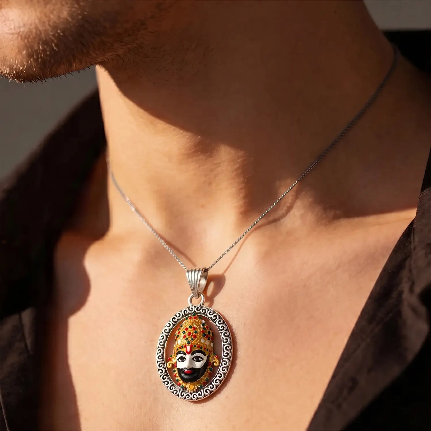 Divine Shrinathji Oxidised Silver Pendant - Made With Pure 925 Silver