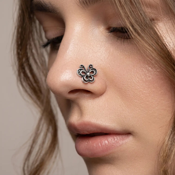 Oxidised Silver Tribal Bloom Nose Pin- Made With Pure 925 Silver