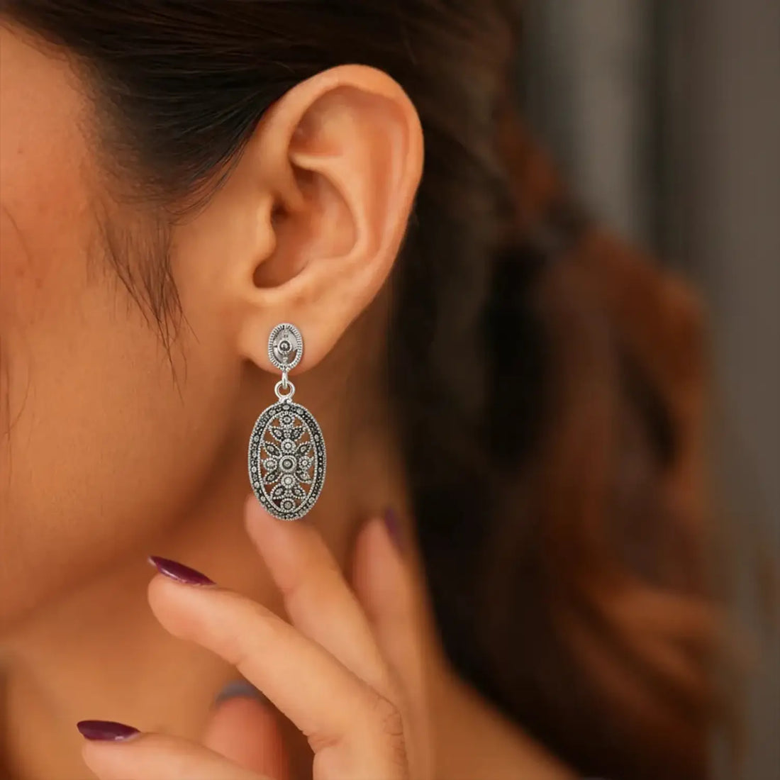 Elegant Oxidized Silver Drop Earrings- Made With Pure 925 Silver