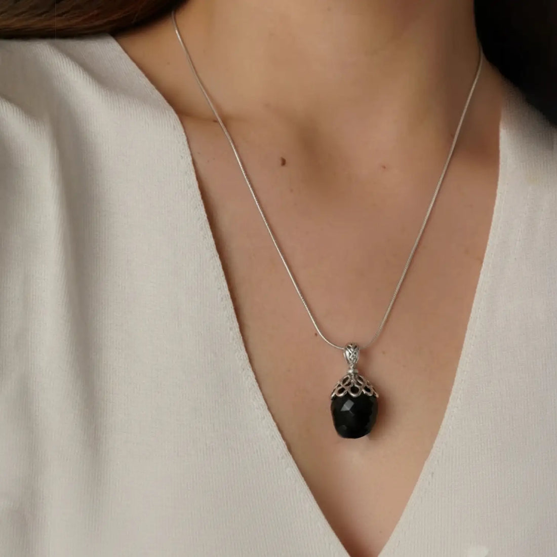 Elegant Black Stone Silver Necklace- Made With Pure 925 Silver