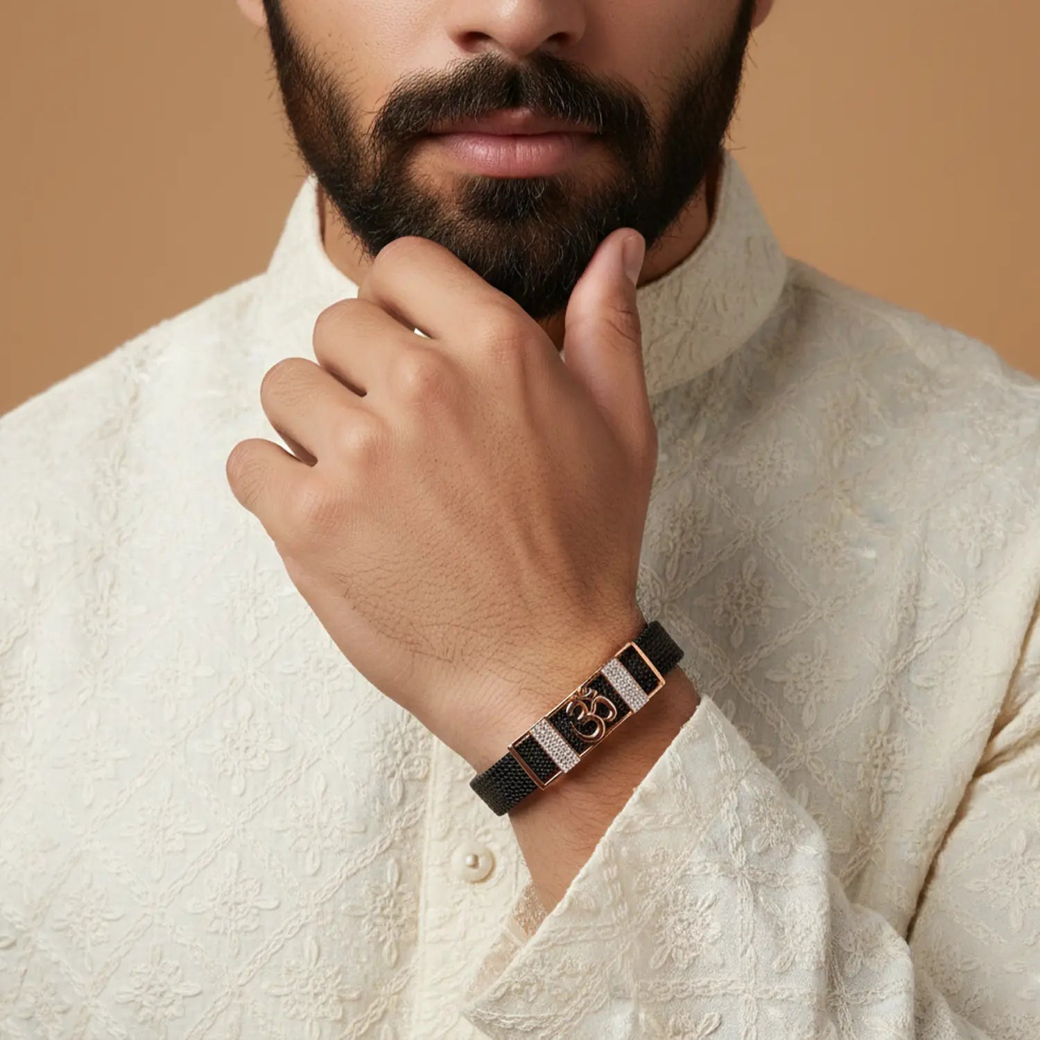 Men’s Black Strap Bracelet with Gold “Om” Symbol- Made With Pure 925 Silver