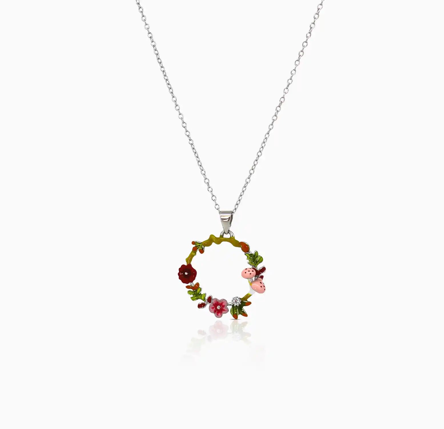 Enamel Ladybug Floral Wreath Silver Necklace- Made With Pure 925 Silver