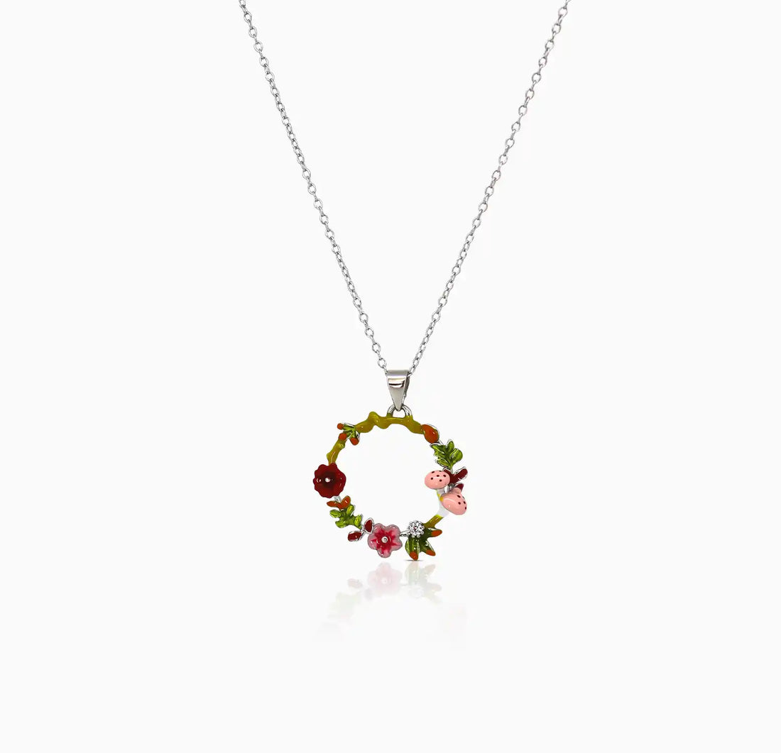 Enamel Ladybug Floral Wreath Silver Necklace- Made With Pure 925 Silver