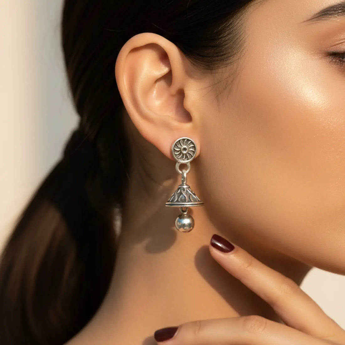 Elegant Sun Motif Pure Silver Jhumki Earrings- Made With Pure 925 Silver