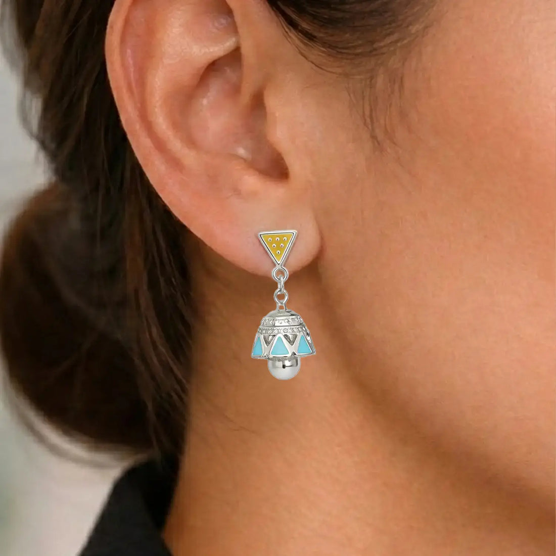 Mustard & Turquoise Geometric Pure Silver Jhumki Earrings - Made With Pure 925 Silver
