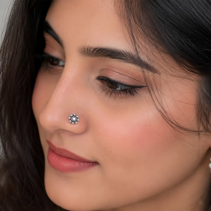 Beaded Blossom Oxidised Silver Nose Pin- Made With Pure 925 Silver