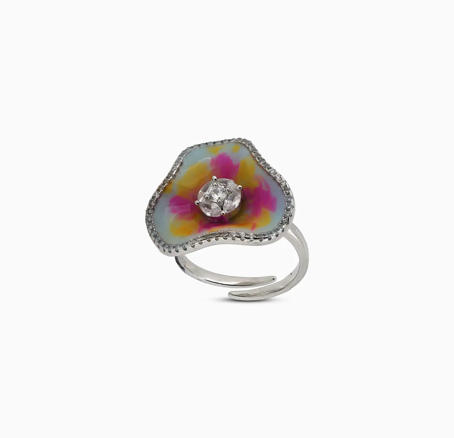 Silver Multicolor Floral Ring - Made With Pure 925 Silver