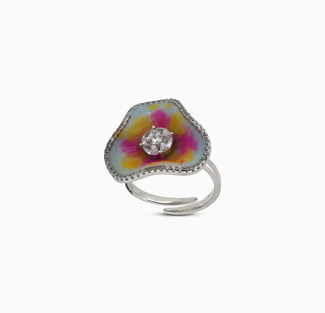 Silver Multicolor Floral Ring - Made With Pure 925 Silver