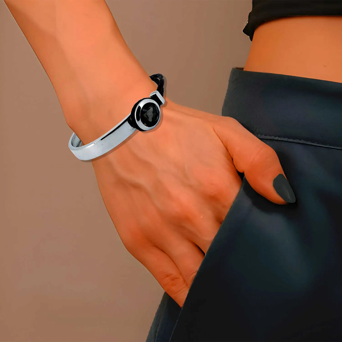 Pure 925 Silver and Black  Bracelet with  Gemstone- Made With Pure 925 Silver