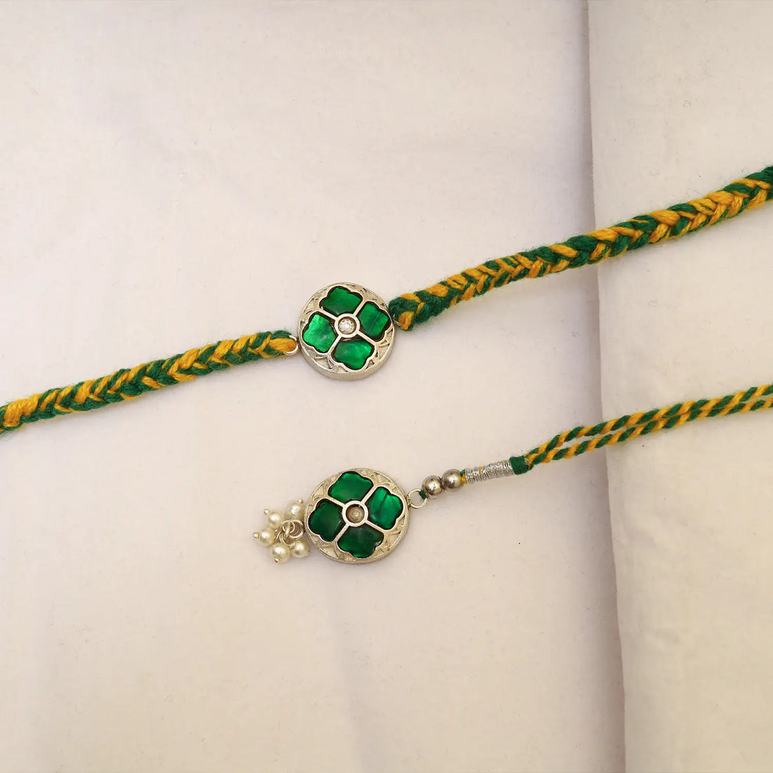 Green Floral Silver Rakhi Set - Made With Pure 925 Silver