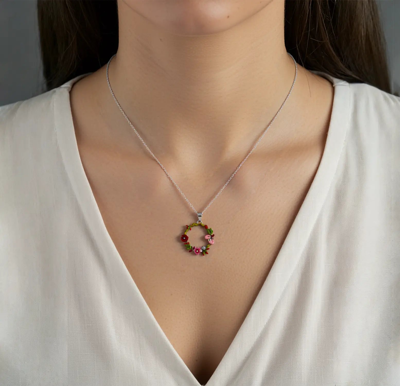 Enamel Ladybug Floral Wreath Silver Necklace- Made With Pure 925 Silver