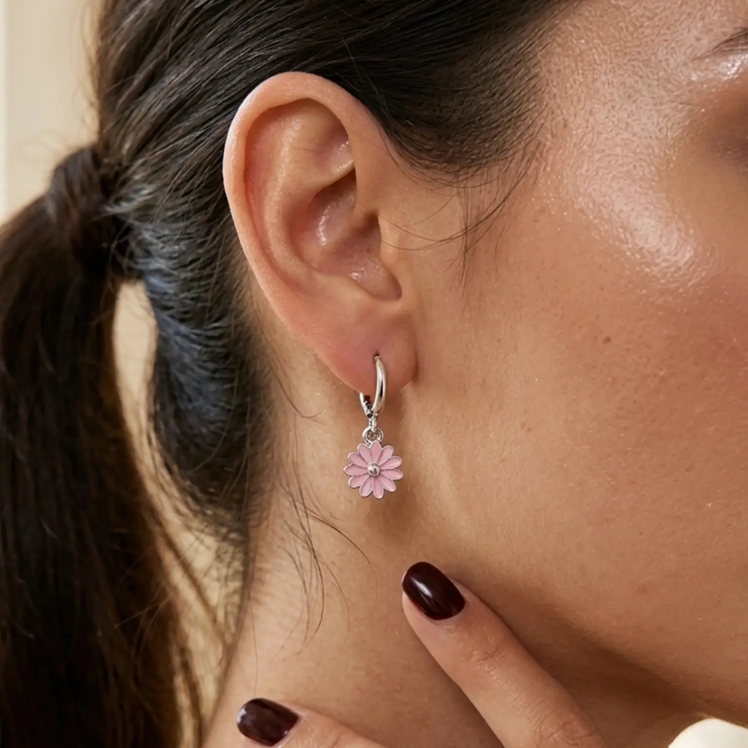 Pink Daisy Flower Silver Hoop Earrings - Made With Pure 925 Silver