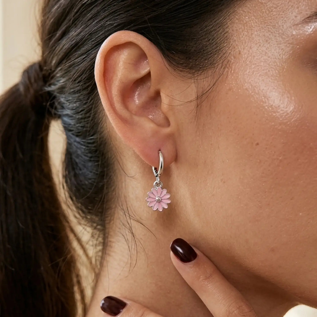 Pink Daisy Flower Silver Hoop Earrings - Made With Pure 925 Silver