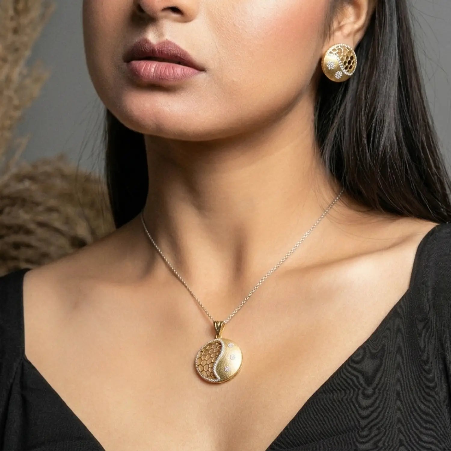 Premium Gold Polish Pure Silver Designer Pendant Set with Earrings - Made With Pure 925 Silver