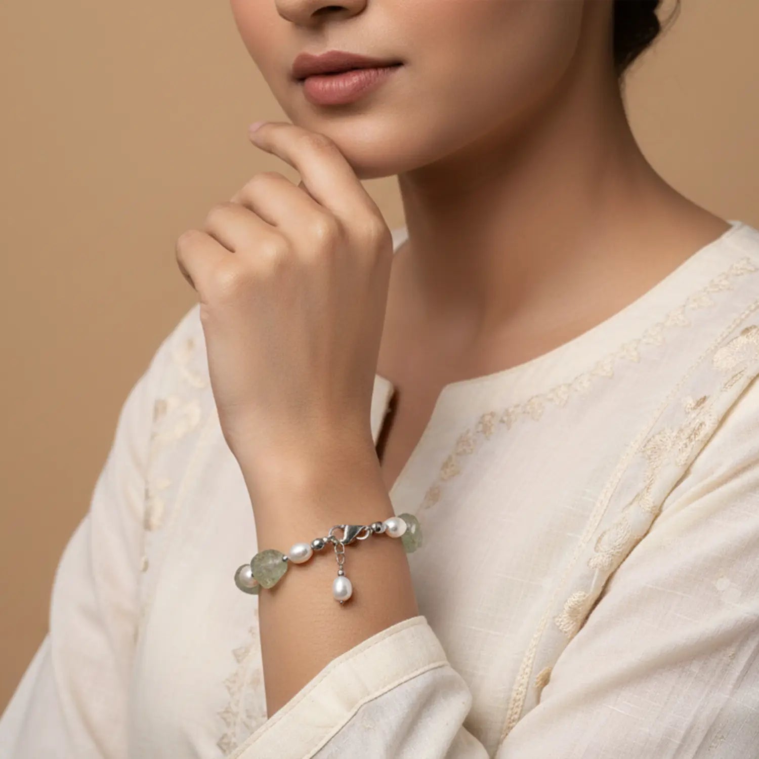 Green Amethyst & Pearl Sterling Silver Bracelet- Made With Pure 925 Silver