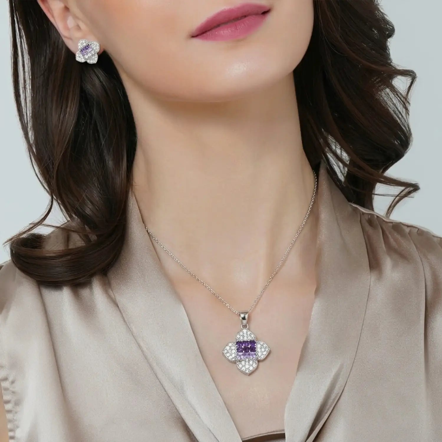 Elegant Pure Silver Purple CZ Floral Pendant Set - Made With Pure 925 Silver