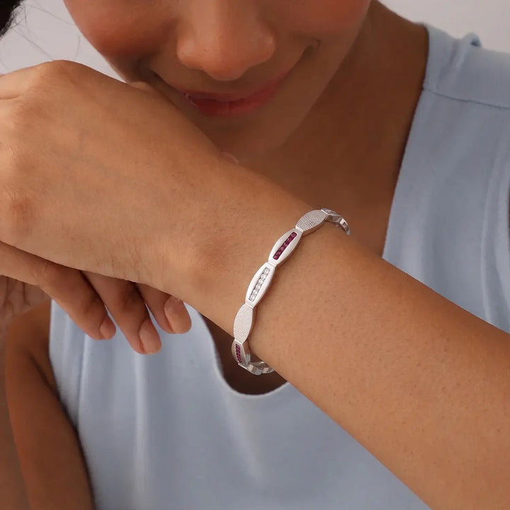 Ruby Accent Textured Silver Bangles - Made With Pure 925 Silver