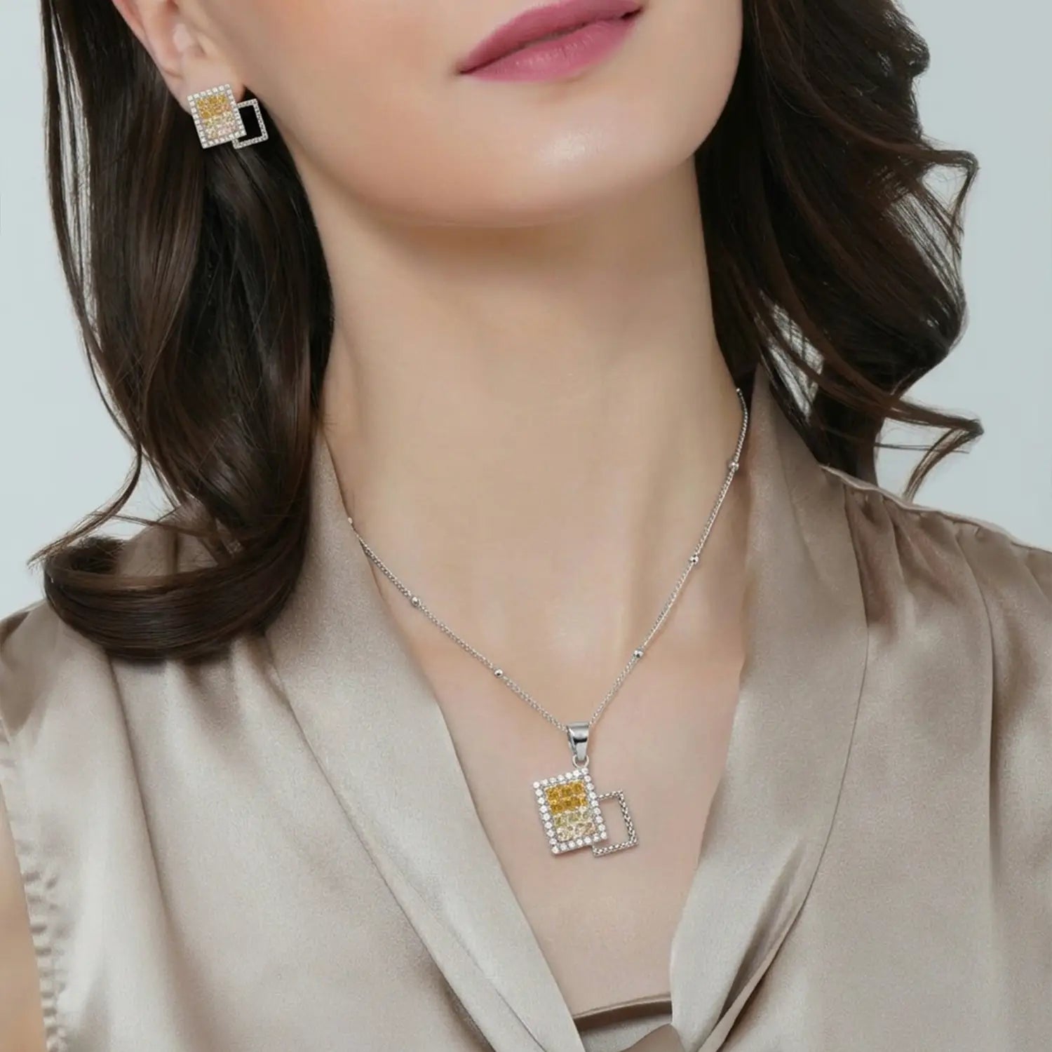 Modern Pure Silver Yellow CZ Square Pendant Set - Made With Pure 925 Silver