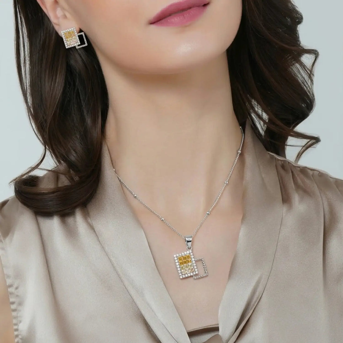 Modern Pure Silver Yellow CZ Square Pendant Set - Made With Pure 925 Silver
