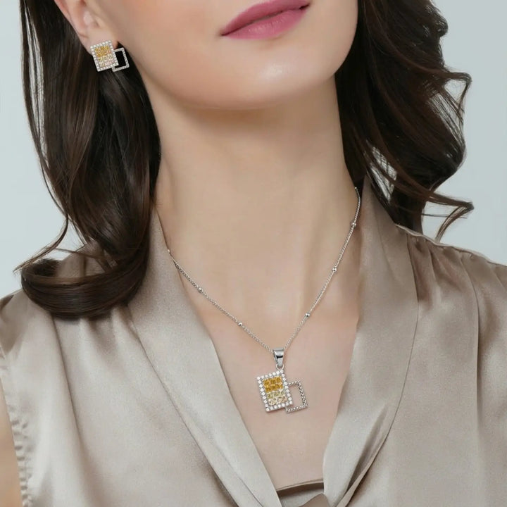 Modern Pure Silver Yellow CZ Square Pendant Set - Made With Pure 925 Silver