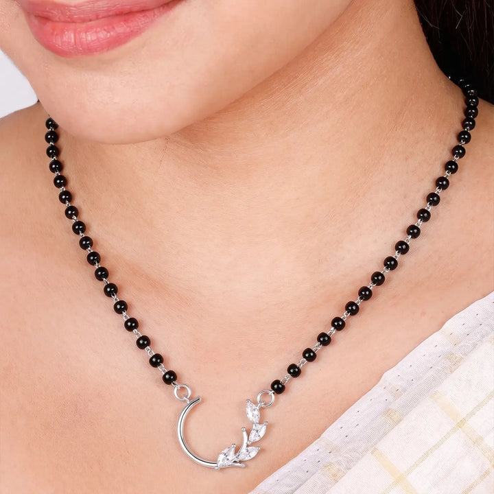 Elegant Crescent Floral Black Bead Mangalsutra - Made With Pure 925 Silver