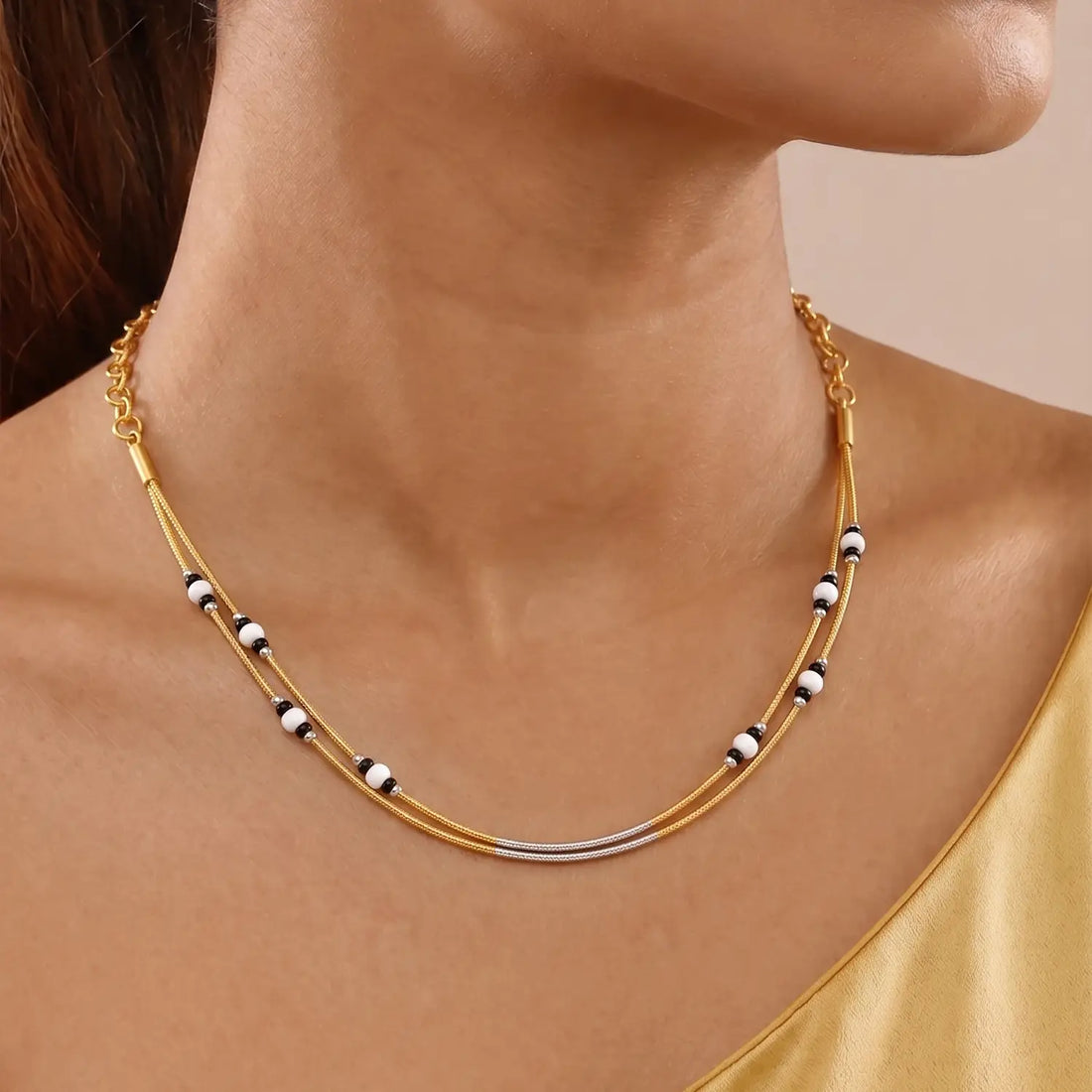 Black & White Beaded Double-Layer Silver Necklace - Made With Pure 925 Silver