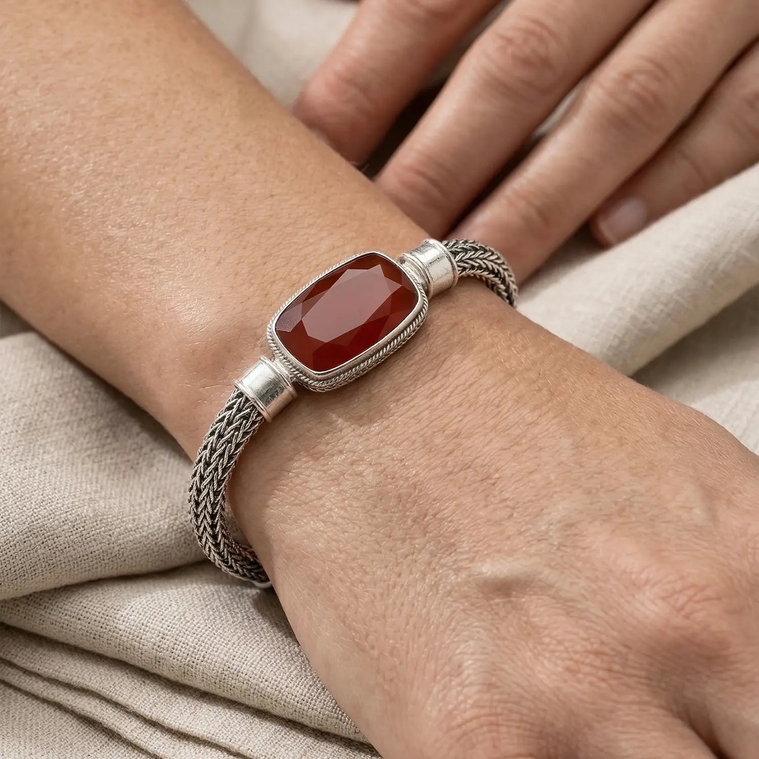 Silver Red Garnet Gemstone Bracelet - Made With Pure 925 Silver