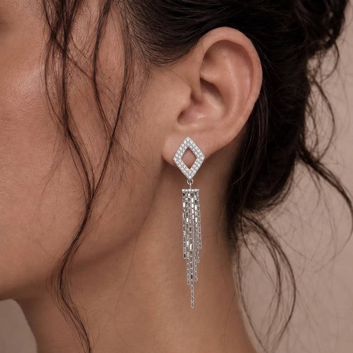Elegant Geometric Crystal Cascade Silver Earrings - Made With Pure 925 Silver