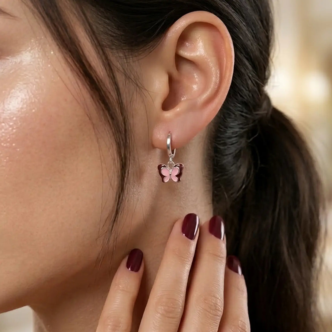 Pink Butterfly Charm Silver Hoop Earrings - Made With Pure 925 Silver