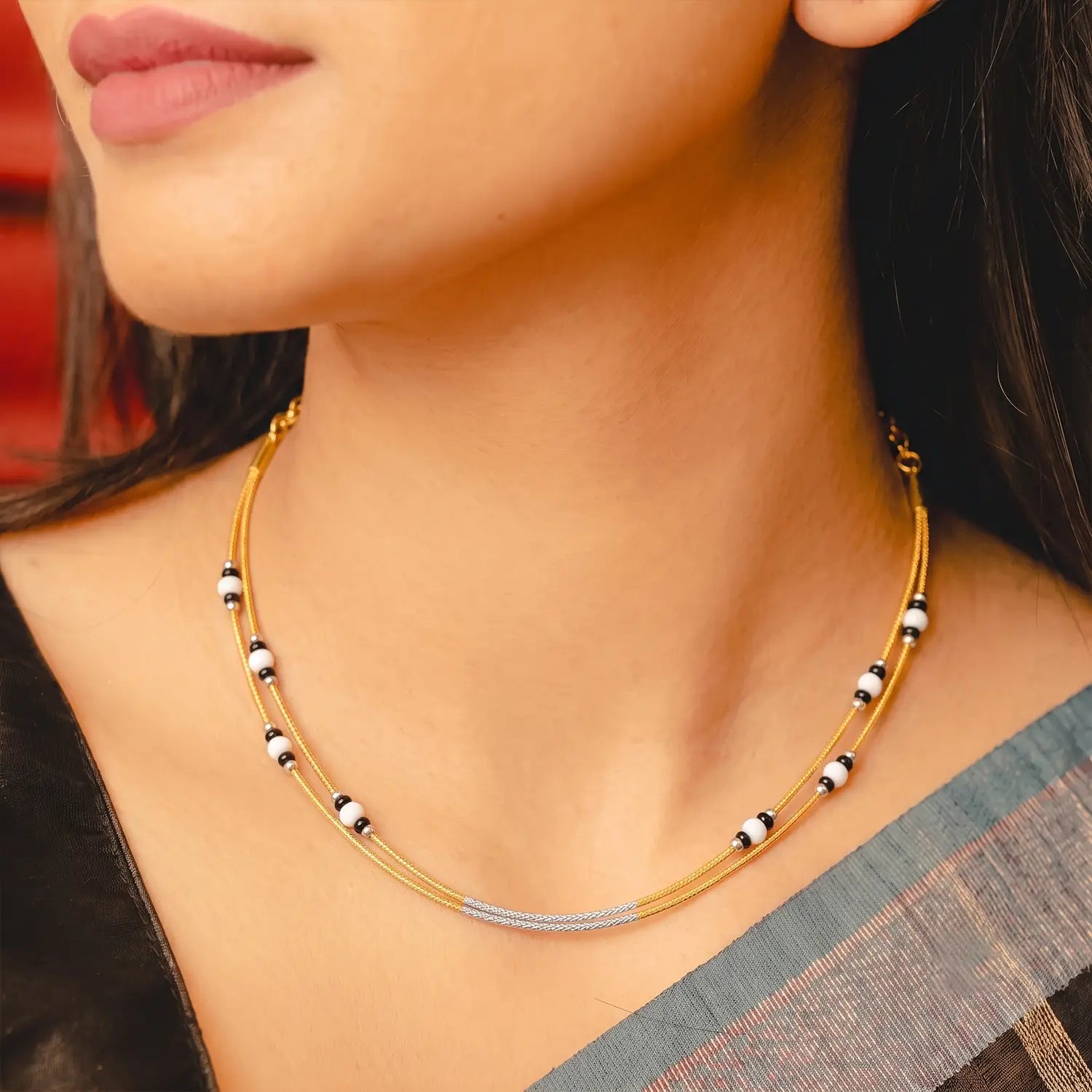 Black & White Beaded Double-Layer Silver Necklace - Made With Pure 925 Silver