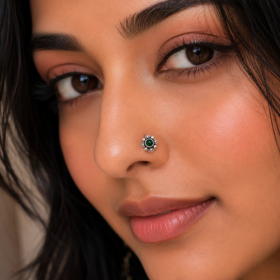 Green Stone Oxidized Silver Nose Pin- Made With Pure 925 Silver